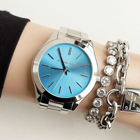 NEW Michael Kors MK3292 Slim Runway Stainless Steel Watch Silver Blue Dial Women - Picture 2 of 7